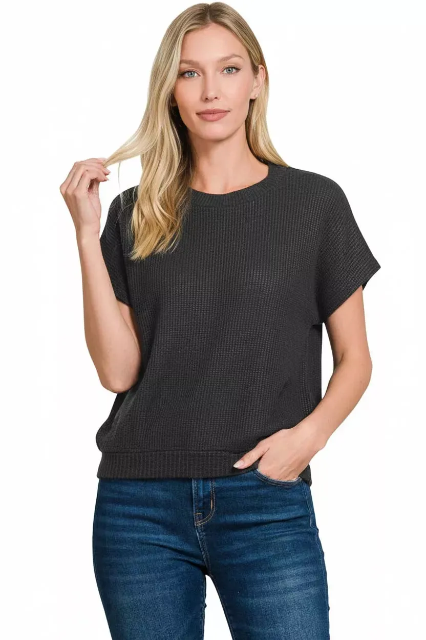 Zenana Round Neck Banded Botton Short Sleeve Sweater sold by Gigi Laurent product image thumbnail 3