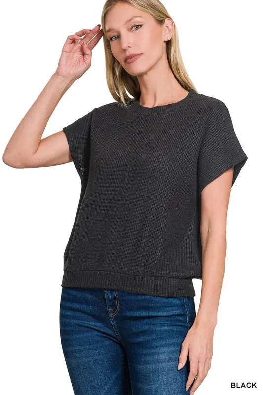 Zenana Round Neck Banded Botton Short Sleeve Sweater made by Trendsi