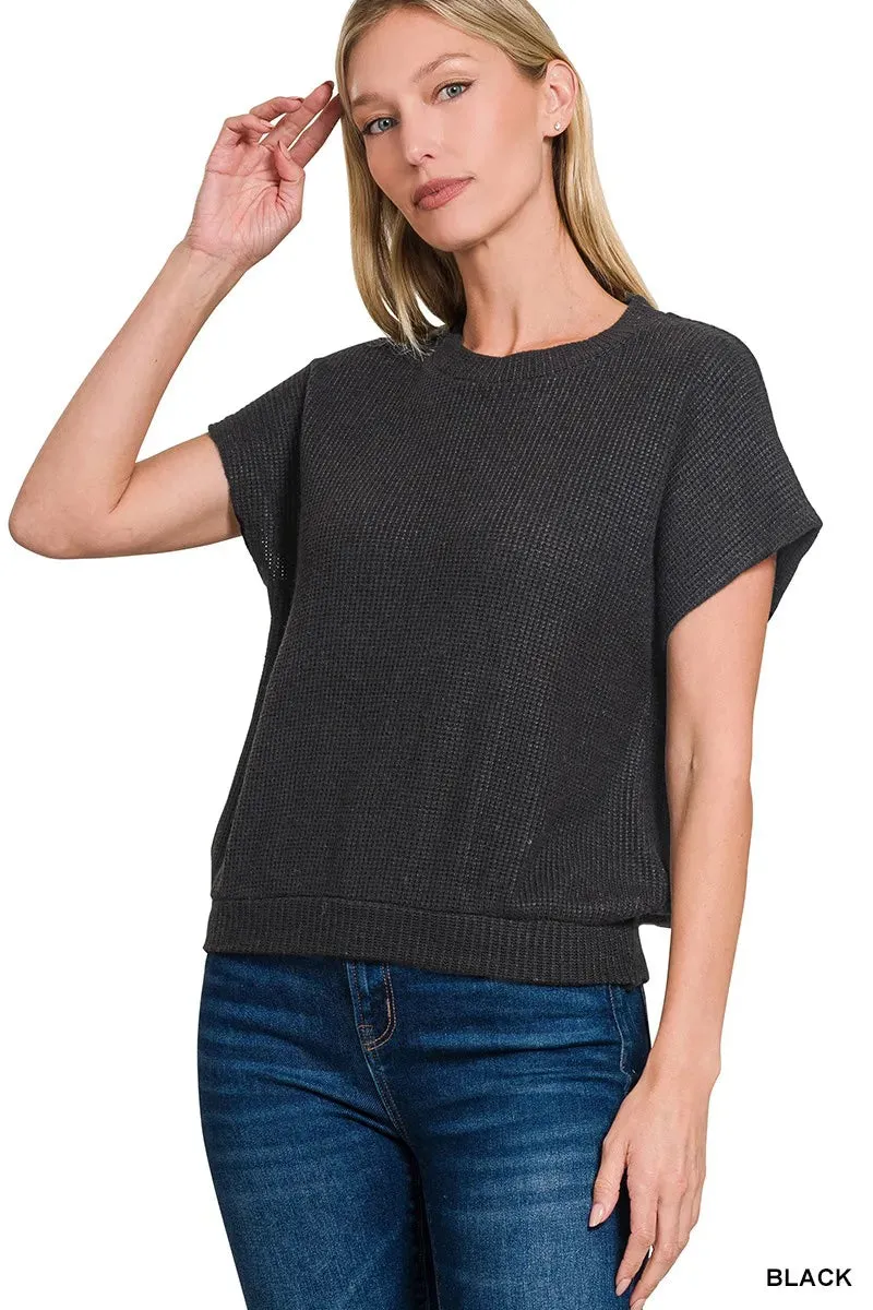 Zenana Round Neck Banded Botton Short Sleeve Sweater sold by Gigi Laurent