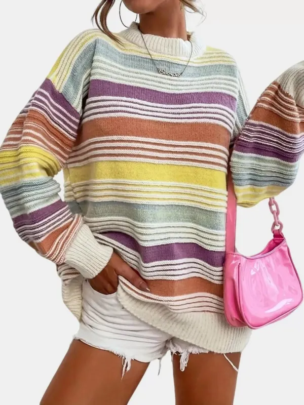 Striped Knit Long Sleeve Sweater made by Trendsi