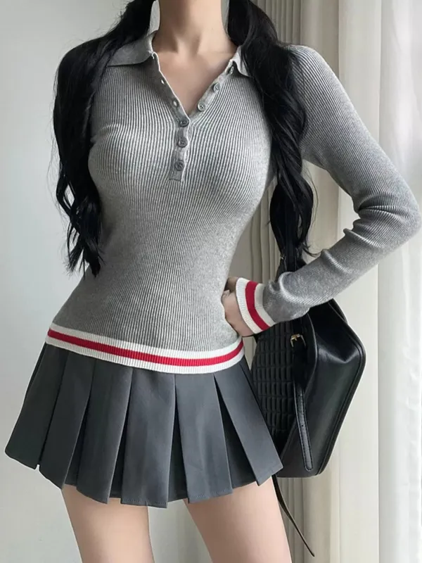 Slim Fit Ribbed Button Detail Knit Top sold by Gigi Laurent