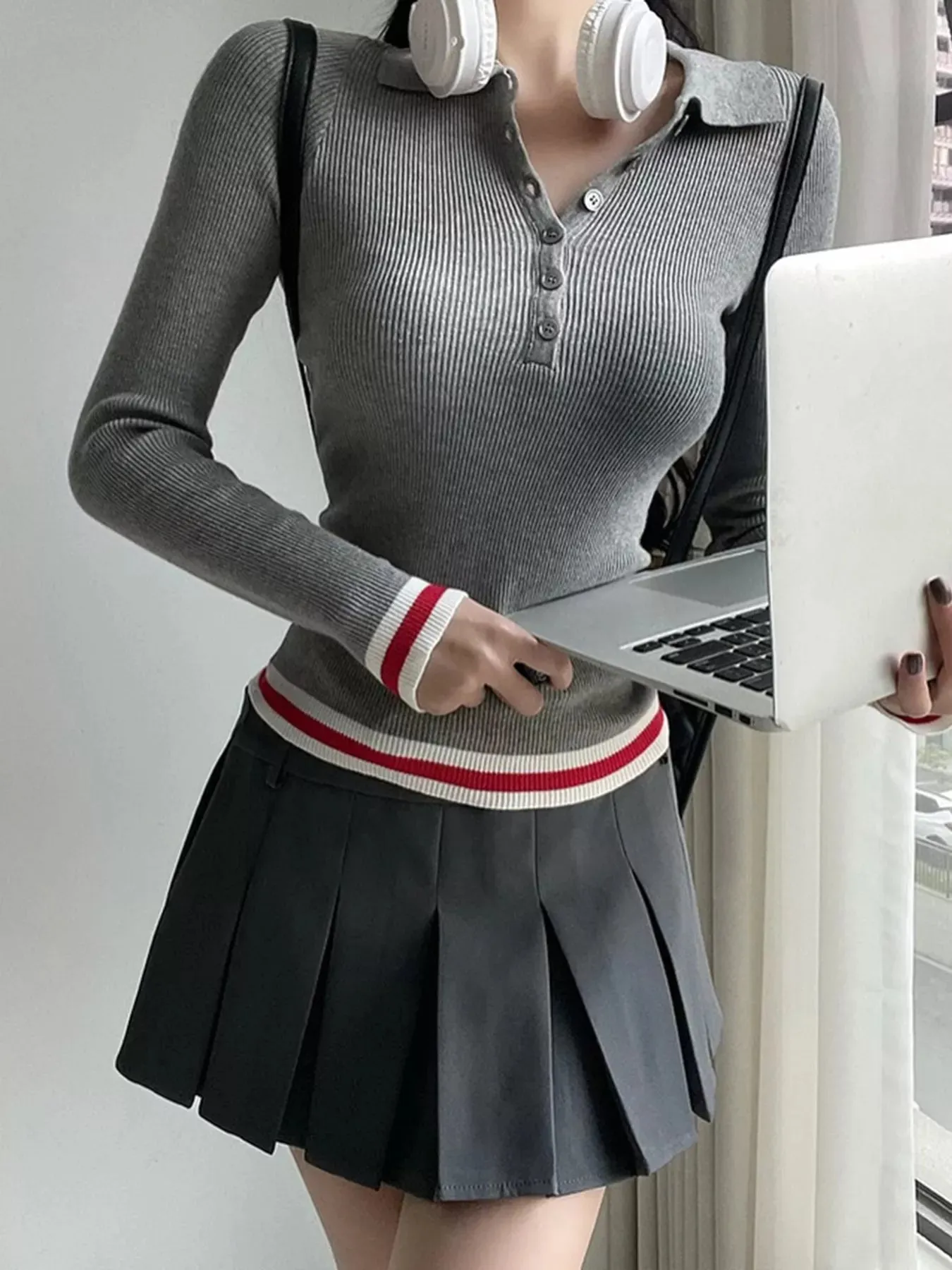 Slim Fit Ribbed Button Detail Knit Top sold by Gigi Laurent product image thumbnail 2