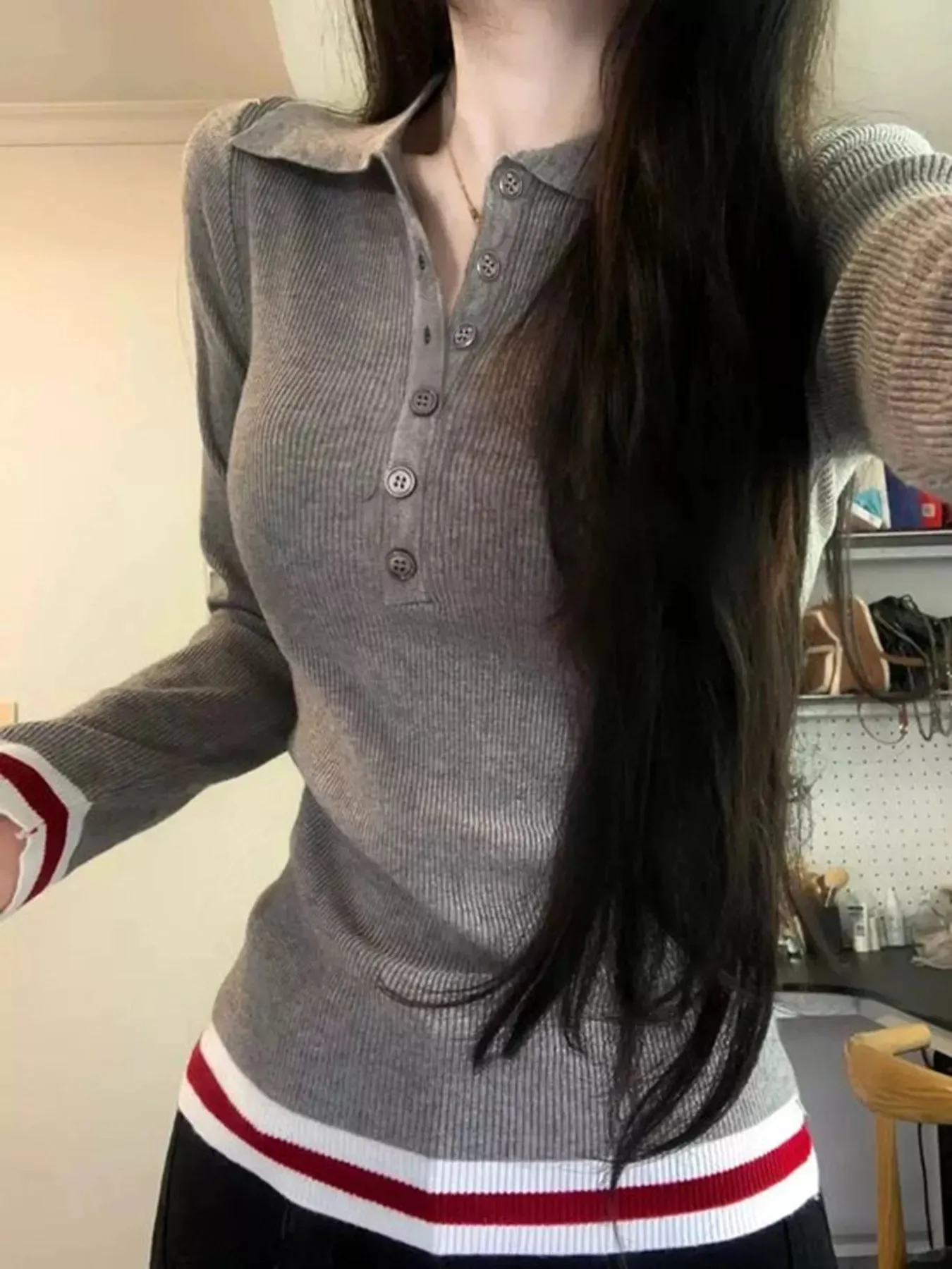 Slim Fit Ribbed Button Detail Knit Top sold by Gigi Laurent product image thumbnail 3