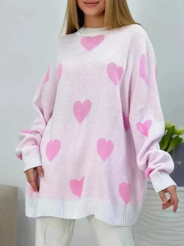 Heart Round Neck Oversized Knit Sweater made by Trendsi