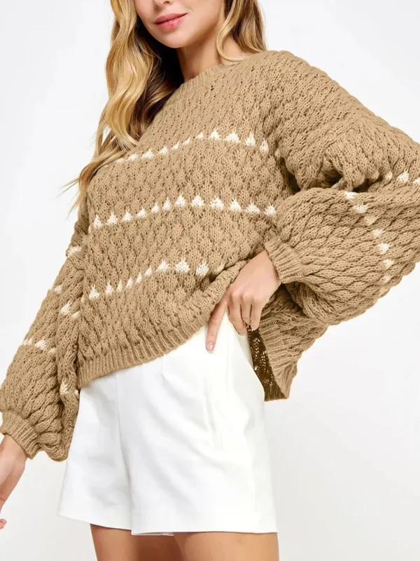 Contrast Detail Textured Knit Puff Sleeve Baggy Sweater sold by Gigi Laurent