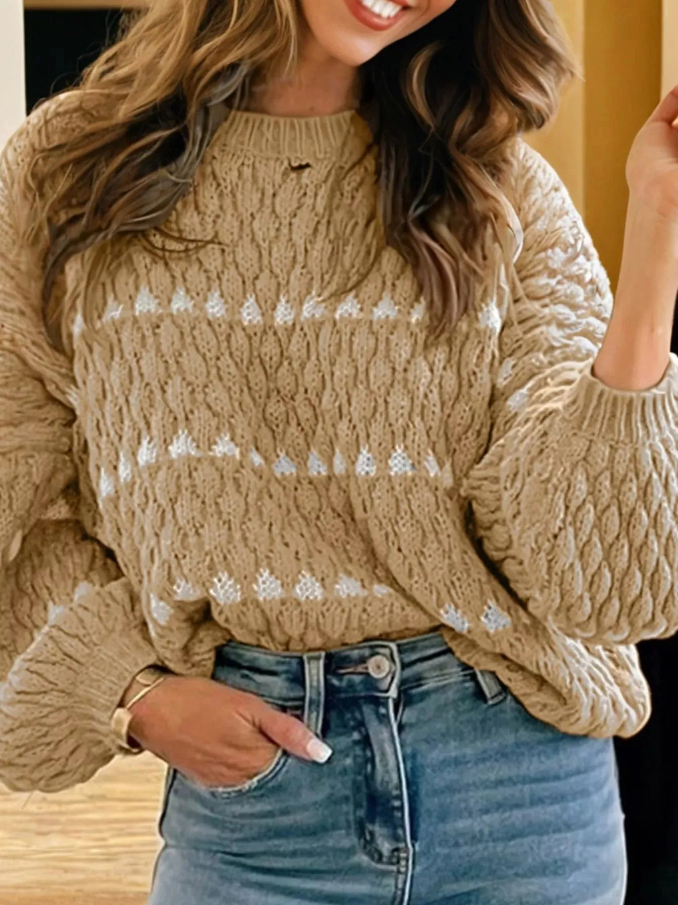 Contrast Detail Textured Knit Puff Sleeve Baggy Sweater sold by Gigi Laurent product image thumbnail 3