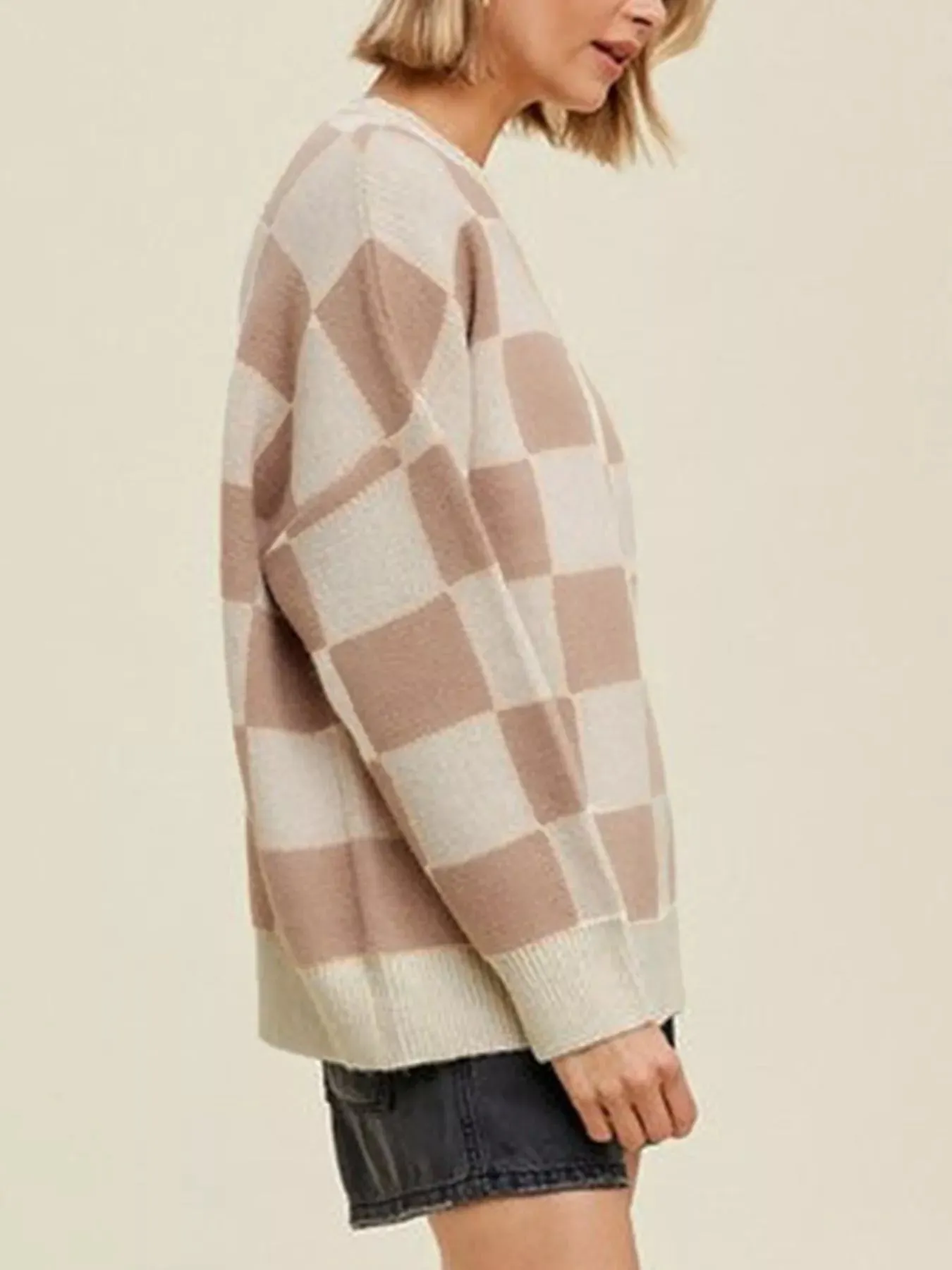 Checkered Pattern Ribbed Trim Knit Baggy Sweater sold by Gigi Laurent product image thumbnail 3