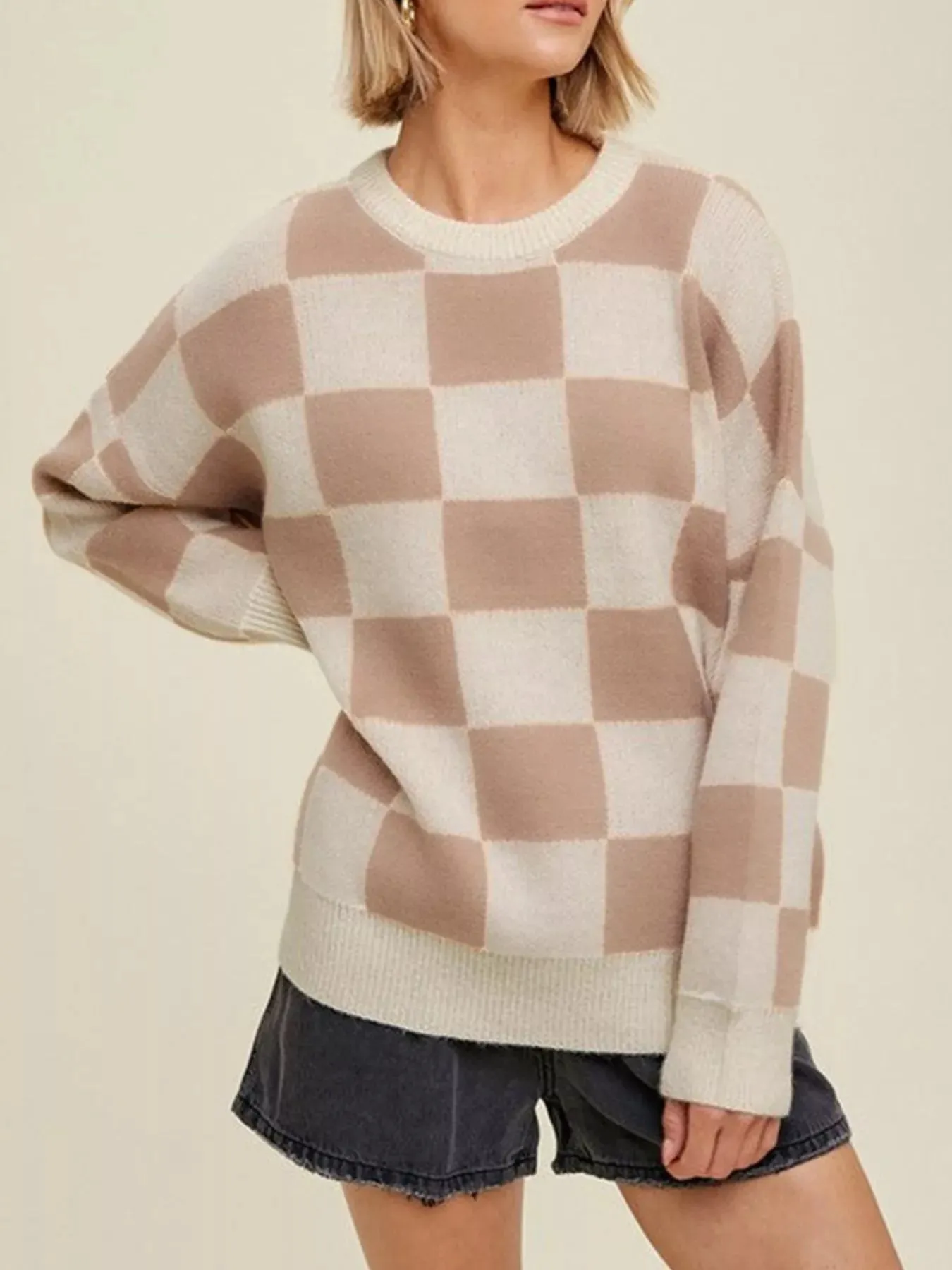Checkered Pattern Ribbed Trim Knit Baggy Sweater sold by Gigi Laurent