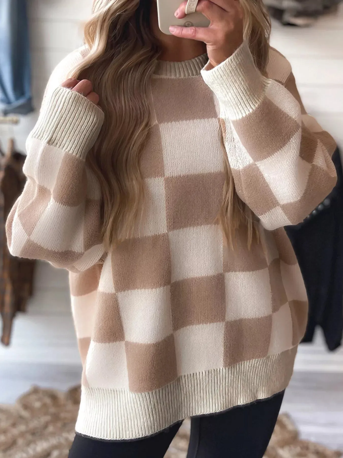 Checkered Pattern Ribbed Trim Knit Baggy Sweater sold by Gigi Laurent product image thumbnail 5