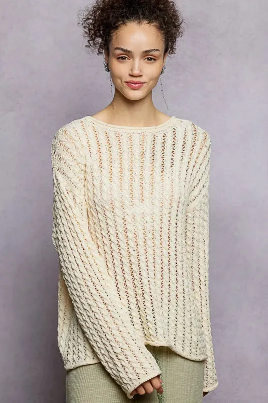 POL Openwork Round Neck Knit Top with Shiny Detail made by Trendsi