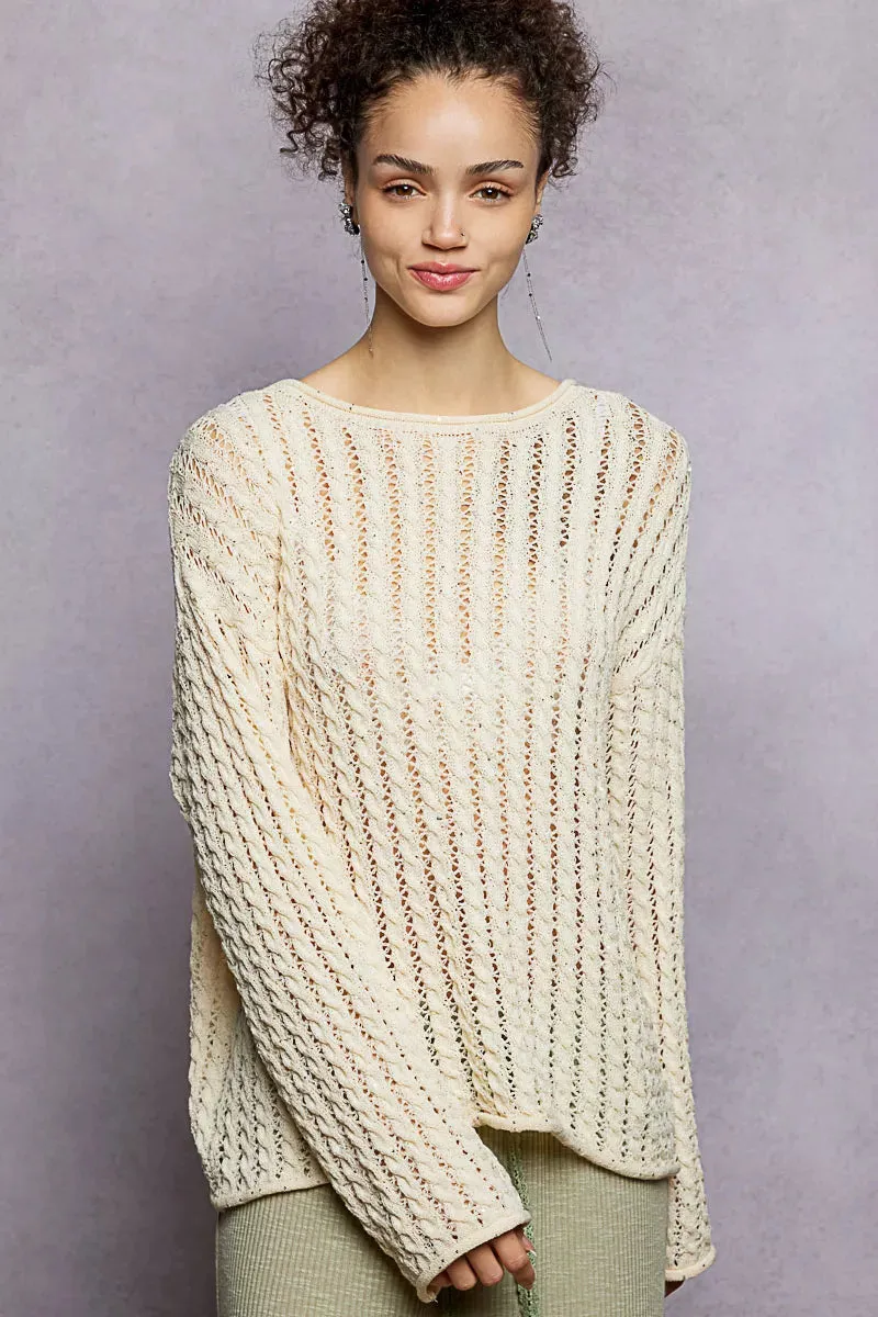 POL Openwork Round Neck Knit Top with Shiny Detail sold by Gigi Laurent