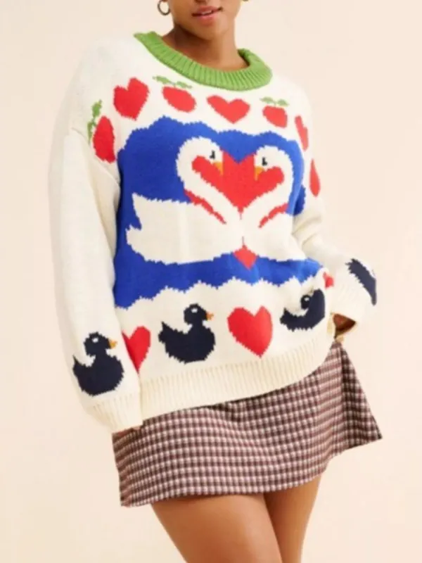 Swan Heart Pattern Round Neck Sweater sold by Gigi Laurent