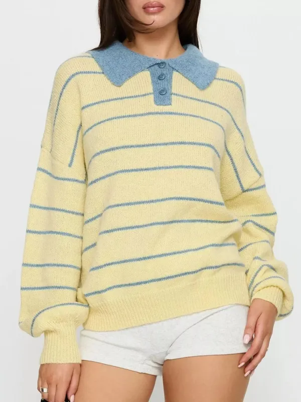 Striped Polo Collar Long Sleeve Sweater sold by Gigi Laurent