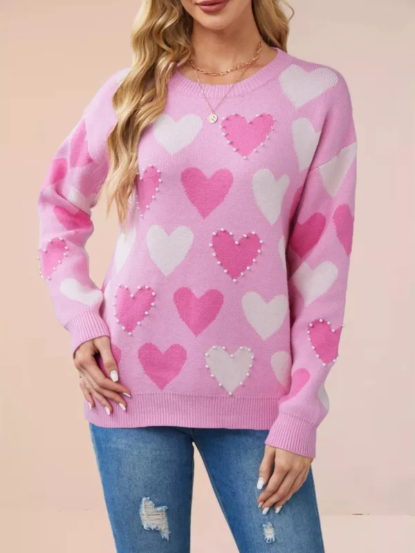 Heart Pattern Beaded Round Neck Sweater sold by Gigi Laurent