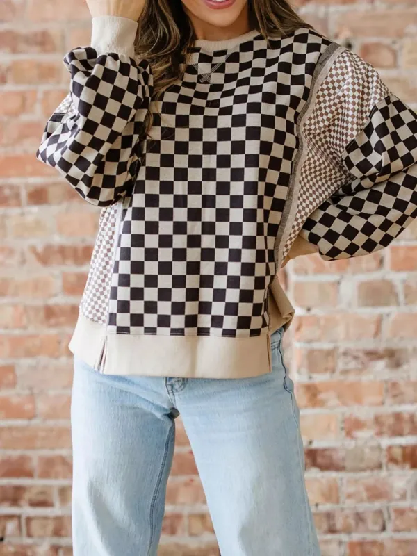 Mixed Checkered Pattern Patchwork High Low Casual Top sold by Gigi Laurent