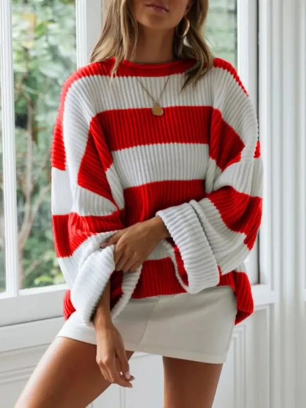 Full Size Contrast Striped Round Neck Sweater Plus Size sold by Gigi Laurent