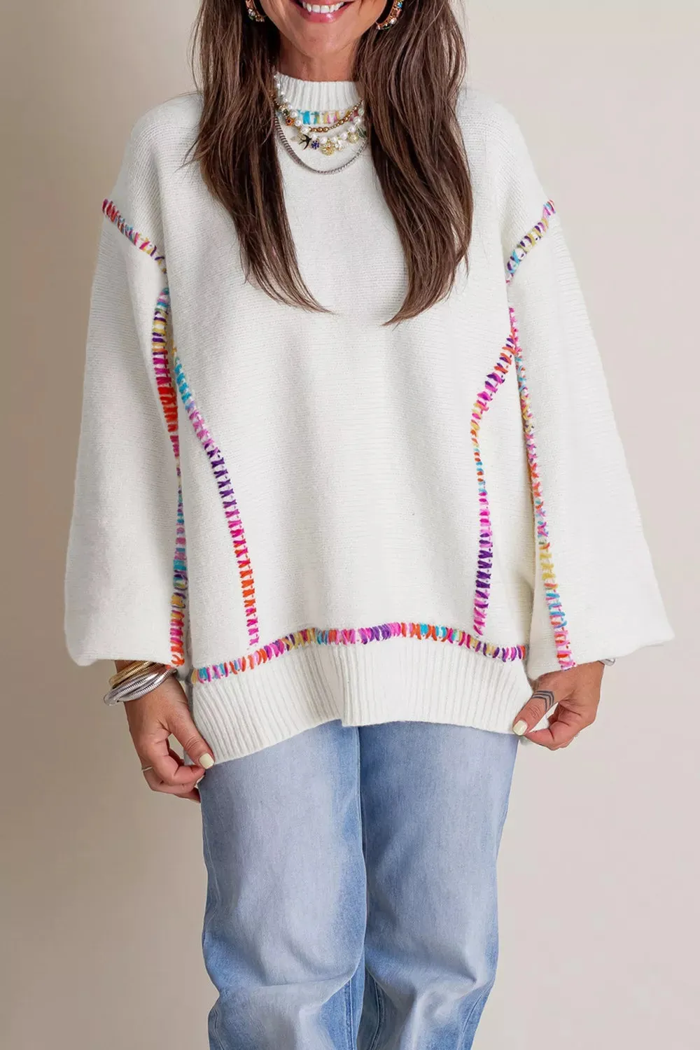 Rainbow Stitching Long Sleeve Relaxed Sweater sold by Gigi Laurent