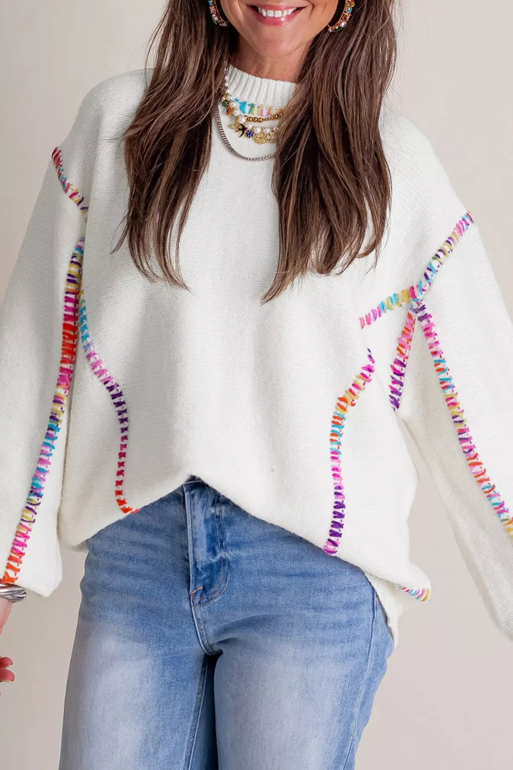 Rainbow Stitching Long Sleeve Relaxed Sweater sold by Gigi Laurent product image thumbnail 2
