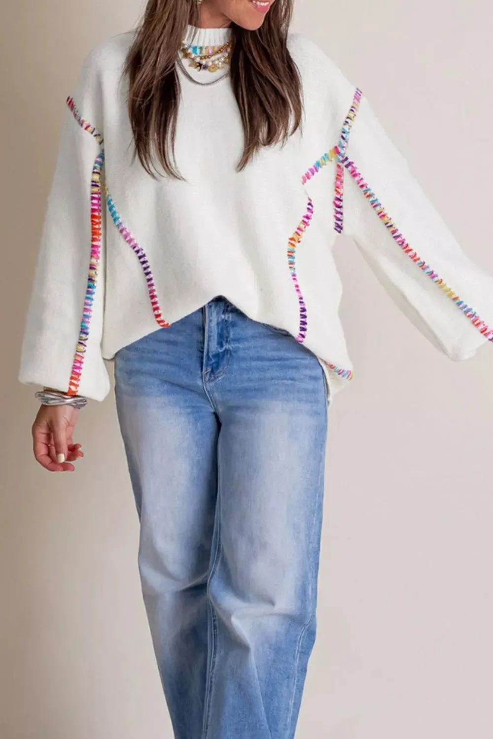 Rainbow Stitching Long Sleeve Relaxed Sweater sold by Gigi Laurent product image thumbnail 3