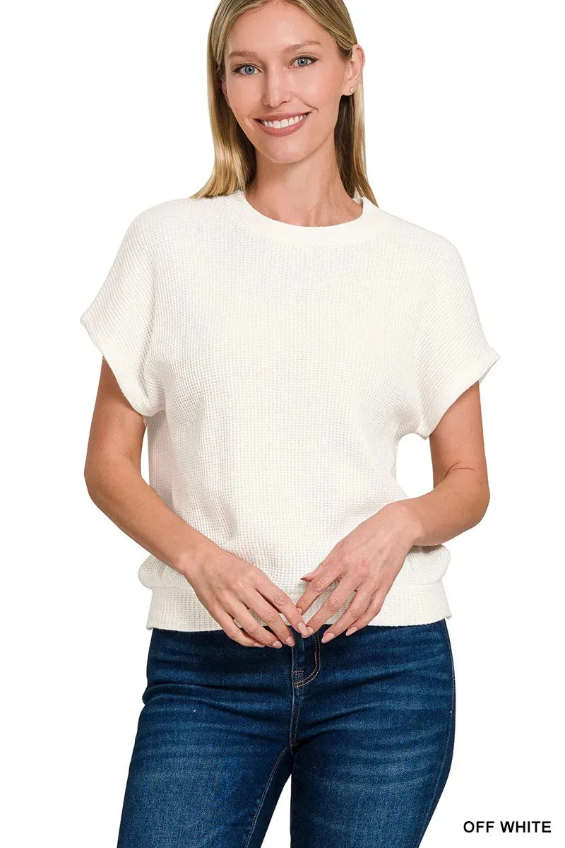 Zenana Round Neck Banded Botton Short Sleeve Sweater sold by Gigi Laurent