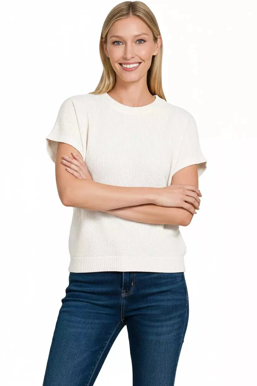Zenana Round Neck Banded Botton Short Sleeve Sweater sold by Gigi Laurent product image thumbnail 2