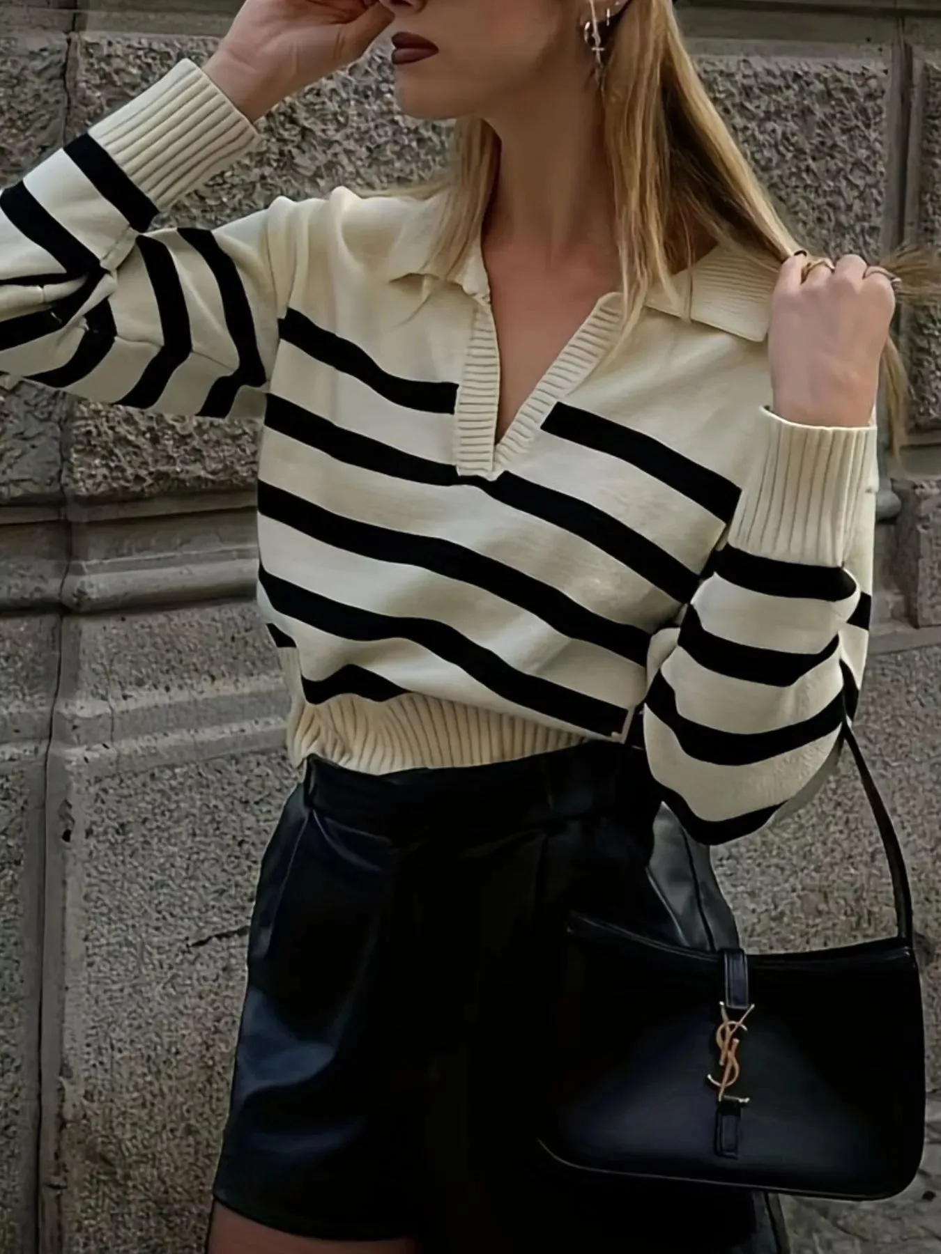 Striped Polo Collar Knit Sweater sold by Gigi Laurent product image thumbnail 2
