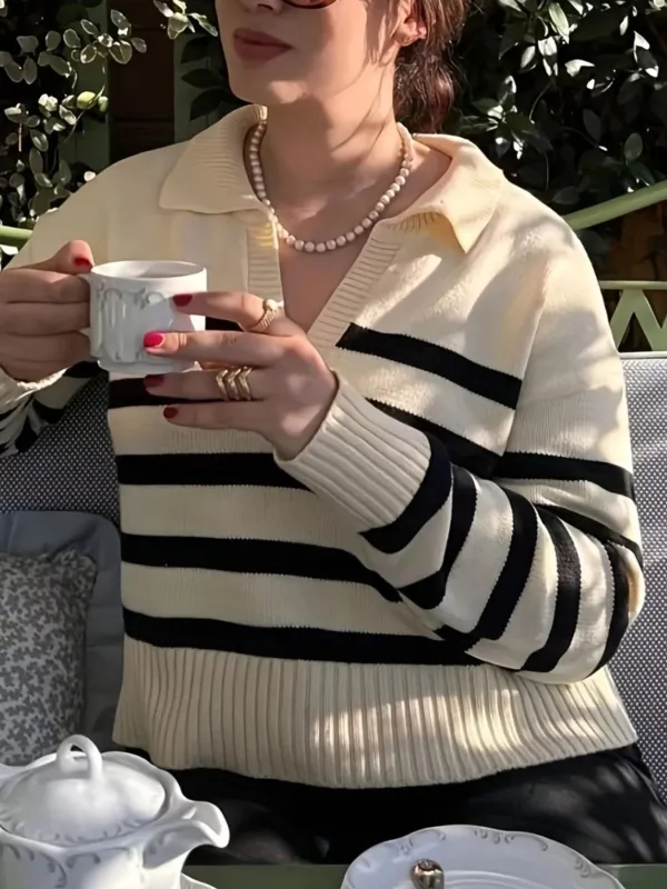 Striped Polo Collar Knit Sweater sold by Gigi Laurent