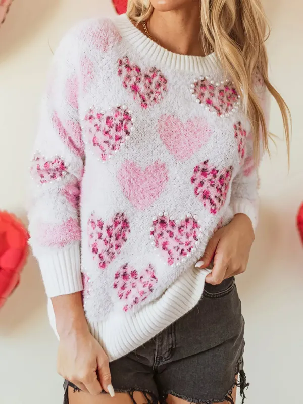Heart Leopard Pearled Ribbed Trim Fuzzy Sweater sold by Gigi Laurent