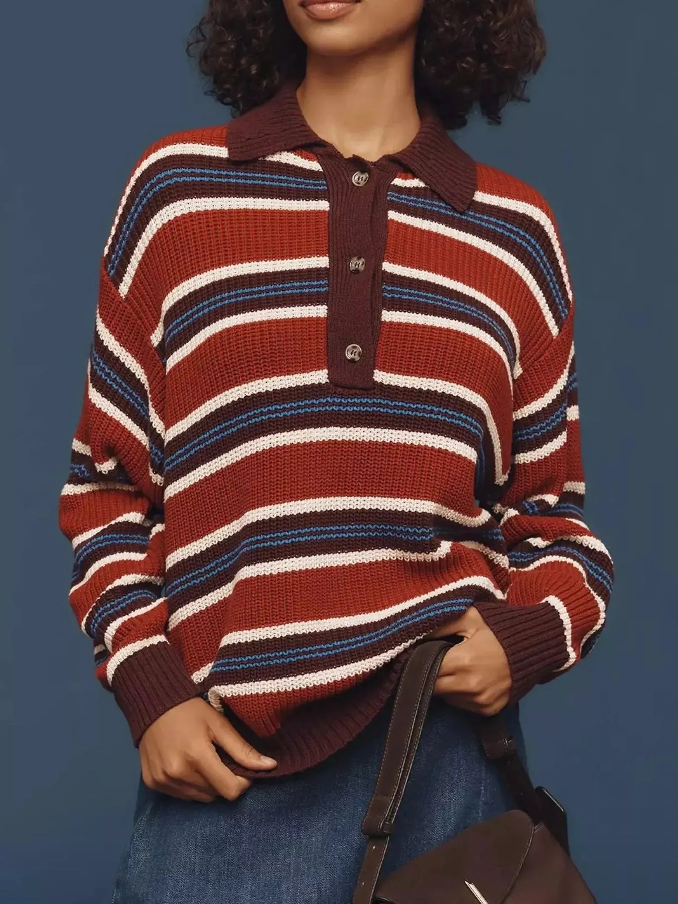 Striped Button Detail Polo Collar Sweater sold by Gigi Laurent product image thumbnail 4