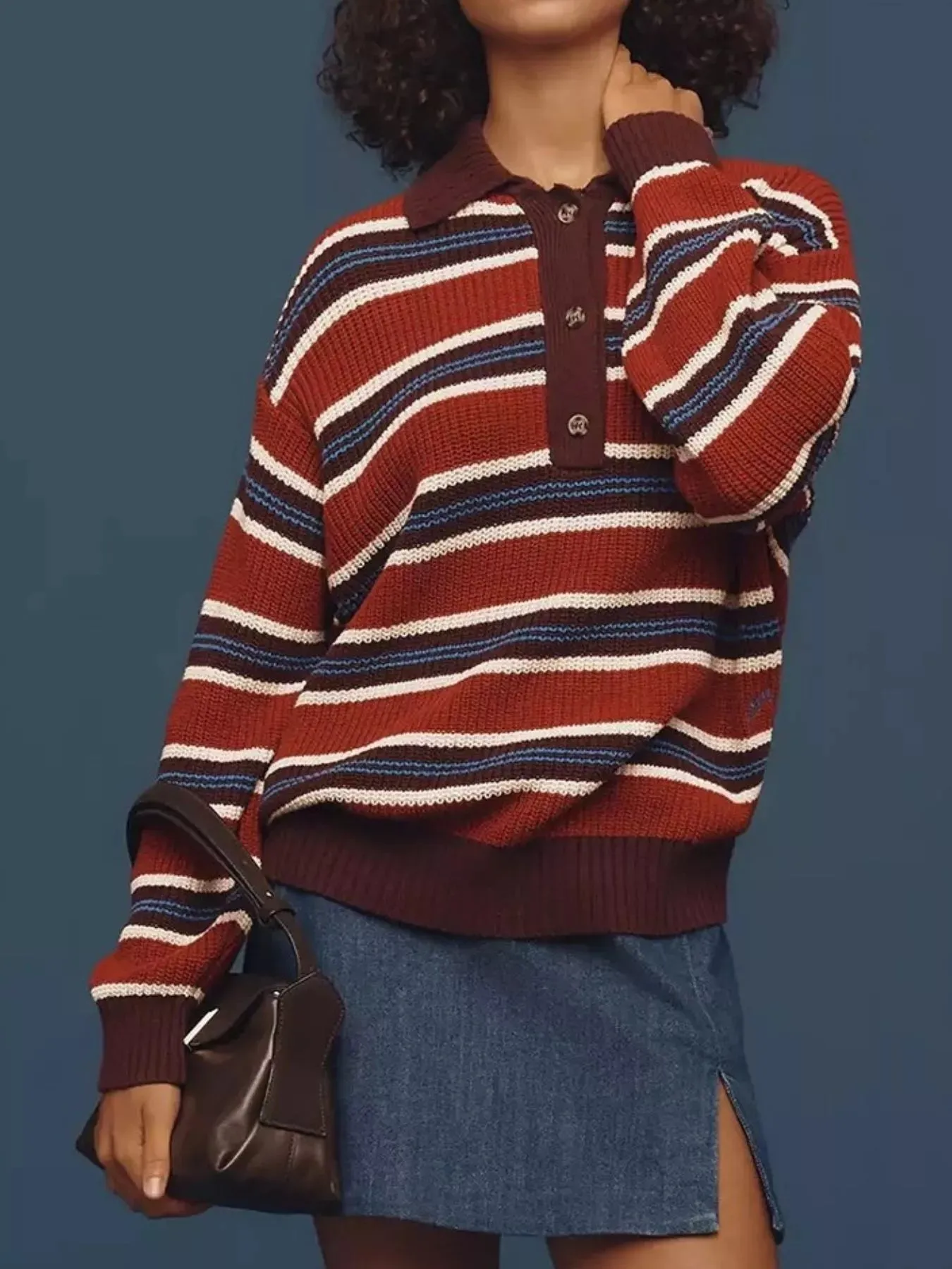 Striped Button Detail Polo Collar Sweater sold by Gigi Laurent product image thumbnail 5