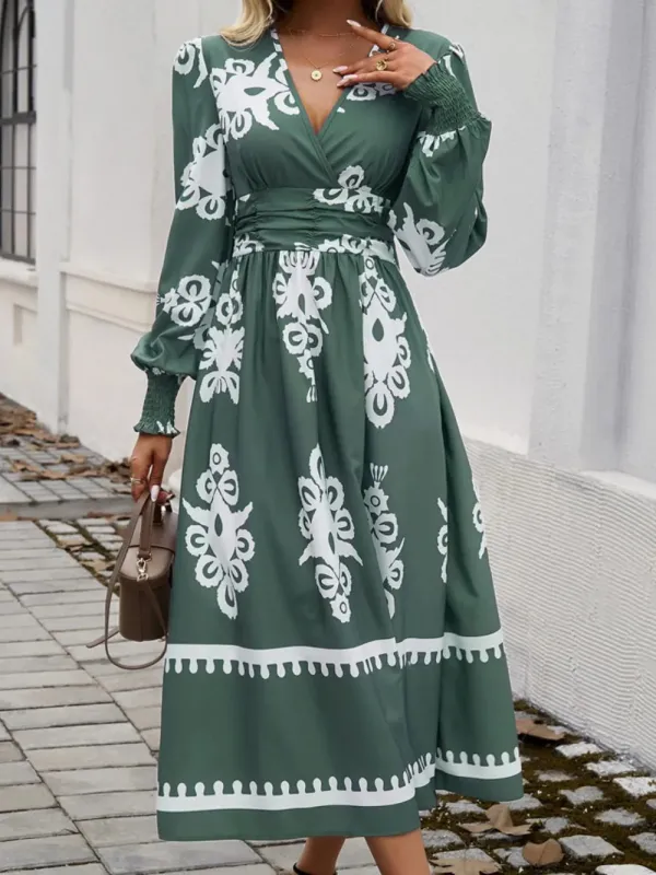 Devine Printed Surplice Lantern Sleeve Midi Dress sold by Gigi Laurent