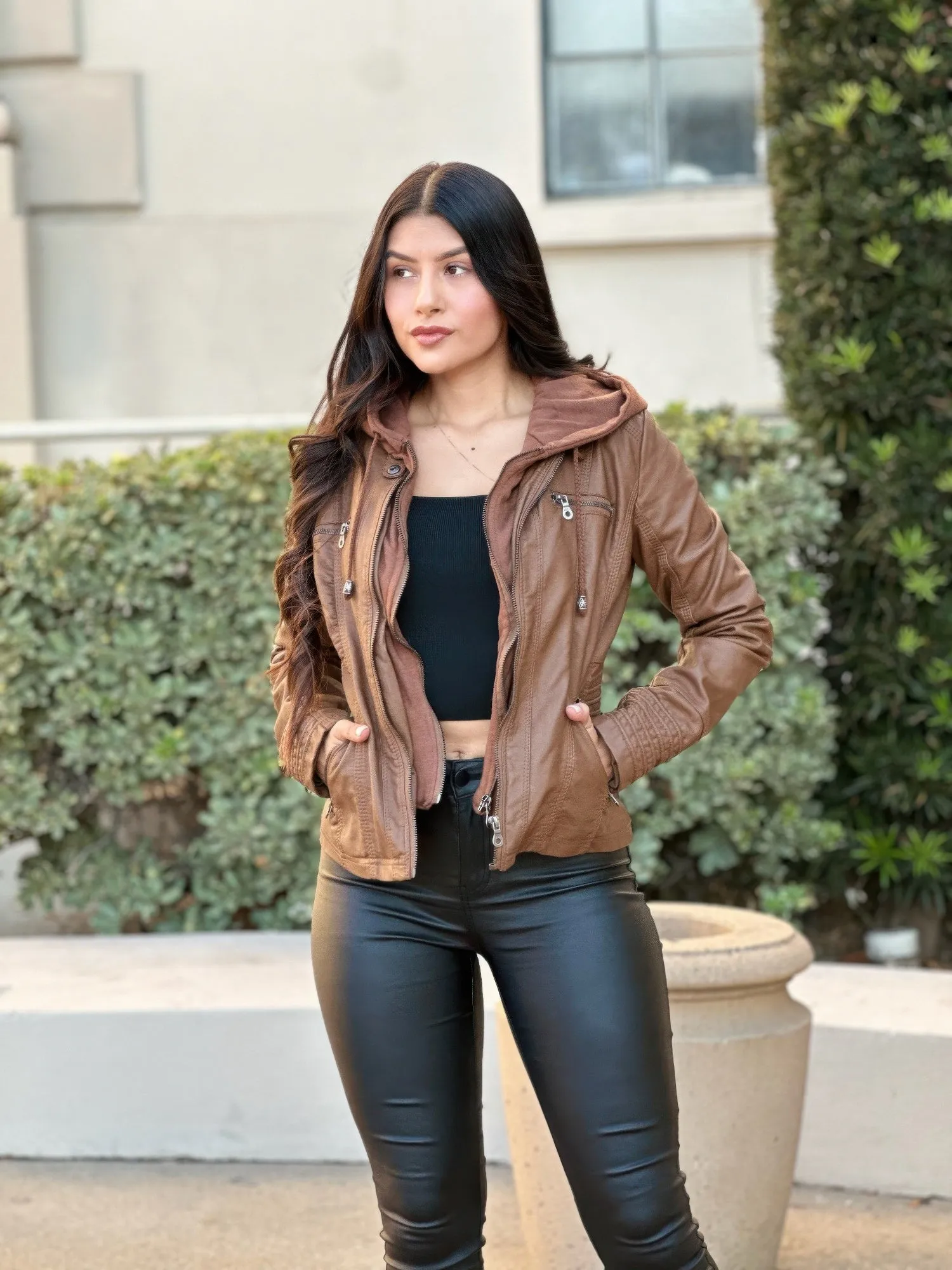 Woman Fashion Hooded Faux Leather Jacket sold by Gigi Laurent product image thumbnail 2