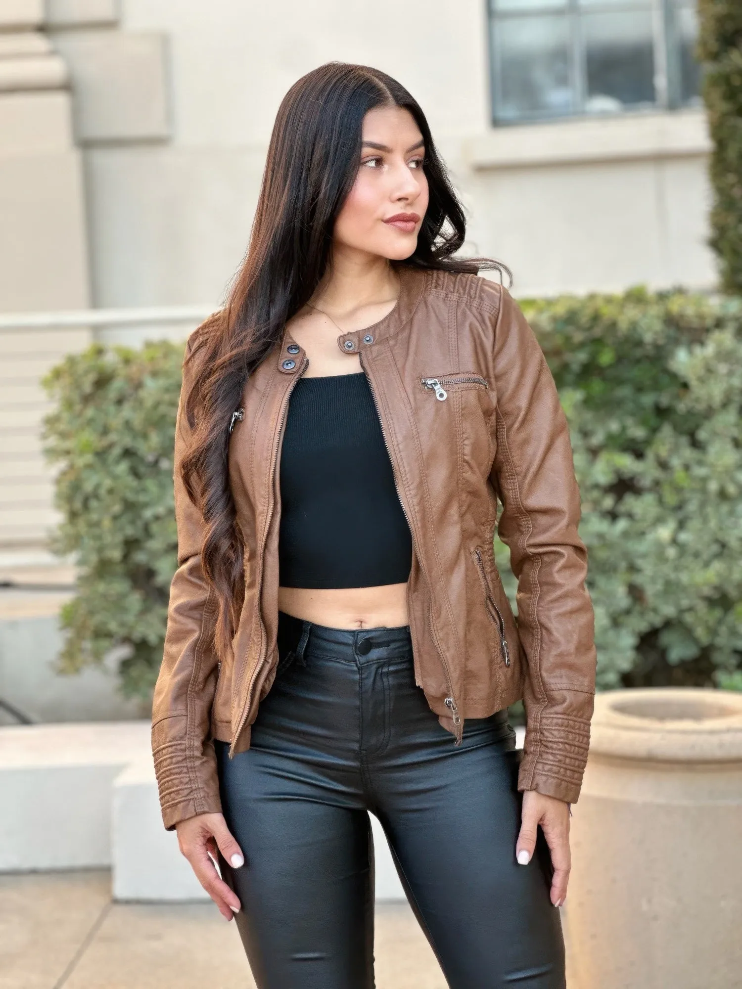 Woman Fashion Hooded Faux Leather Jacket sold by Gigi Laurent product image thumbnail 3