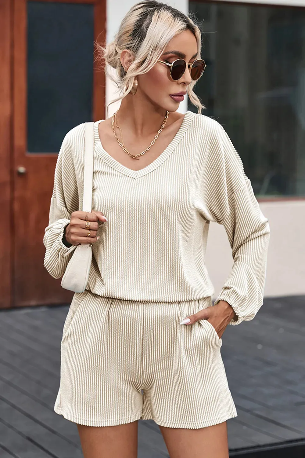 V-Neck Dropped Shoulder Top and Shorts Set sold by Gigi Laurent