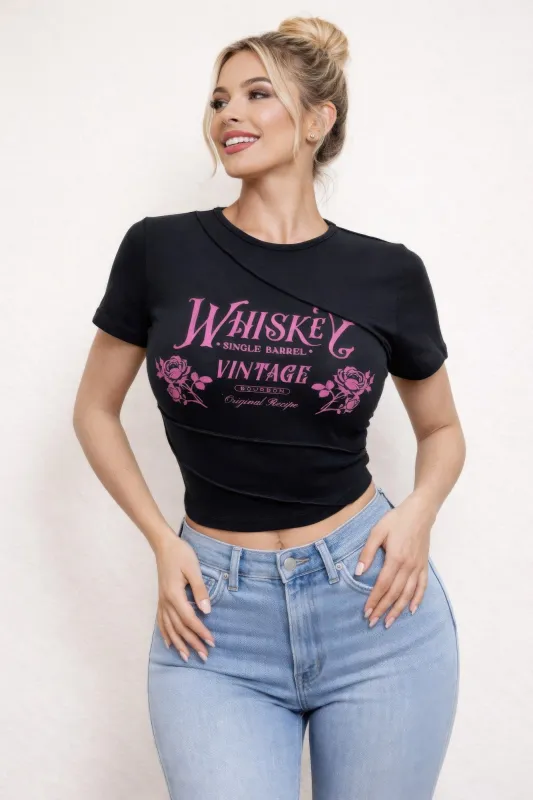 Whiskey Vintage Graphic Asymmetrical Crop Top made by Gigi Laurent