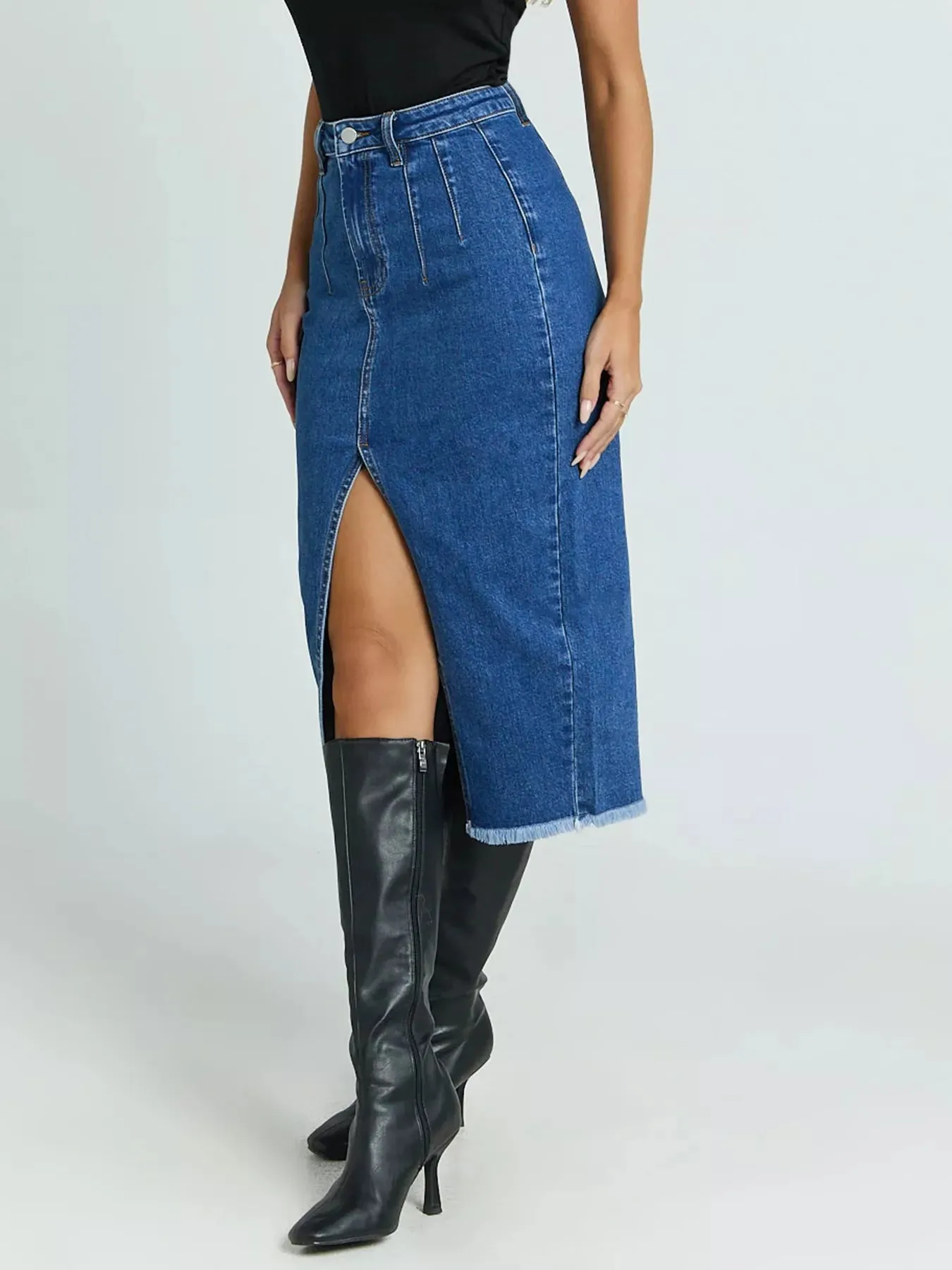 High-Waisted Slit Denim Skirt sold by Gigi Laurent product image thumbnail 4