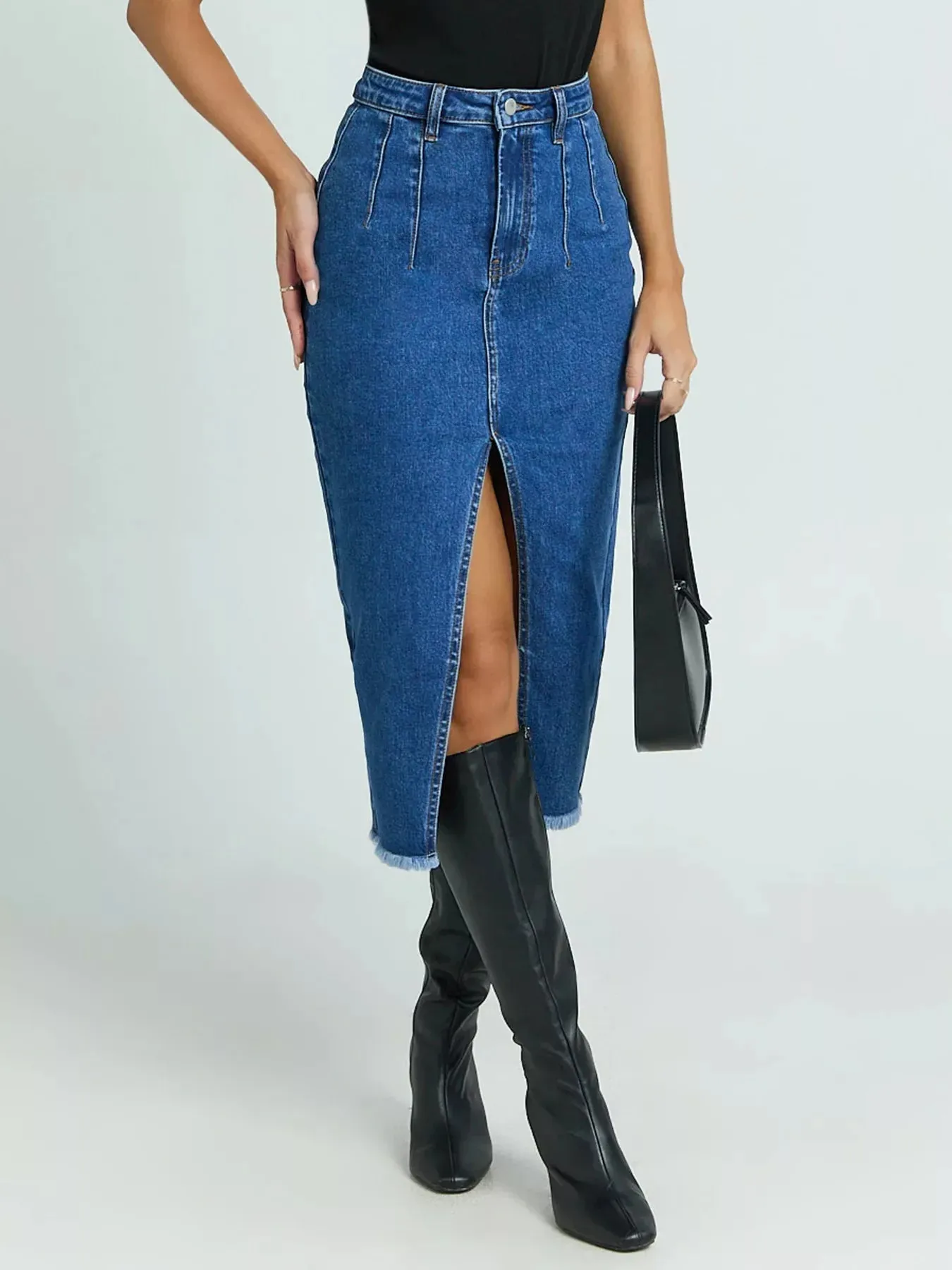 High-Waisted Slit Denim Skirt sold by Gigi Laurent