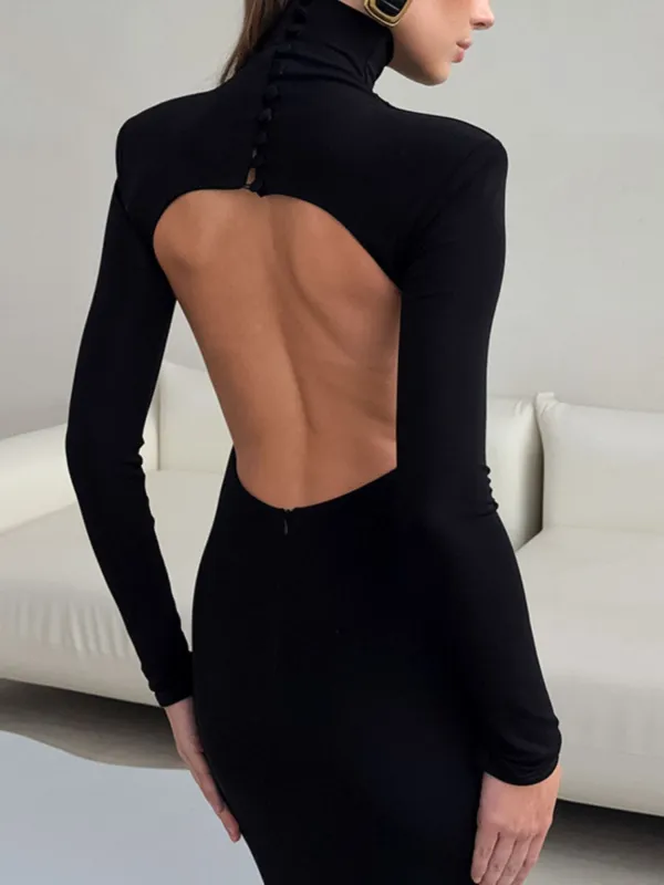 Backless Turtleneck Long Sleeve Bodycon Maxi Dress sold by Gigi Laurent