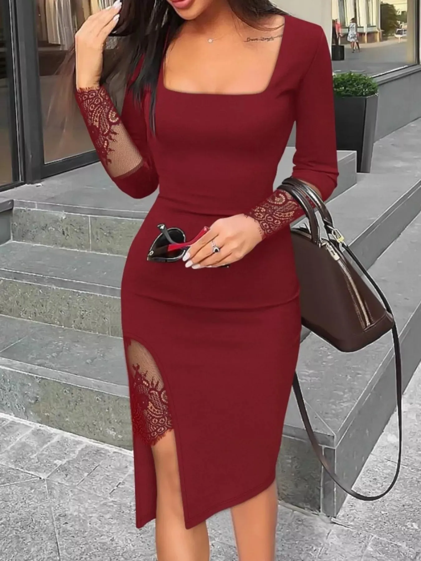 Lace Detail Square Neck Slit Midi Dress sold by Gigi Laurent product image thumbnail 5