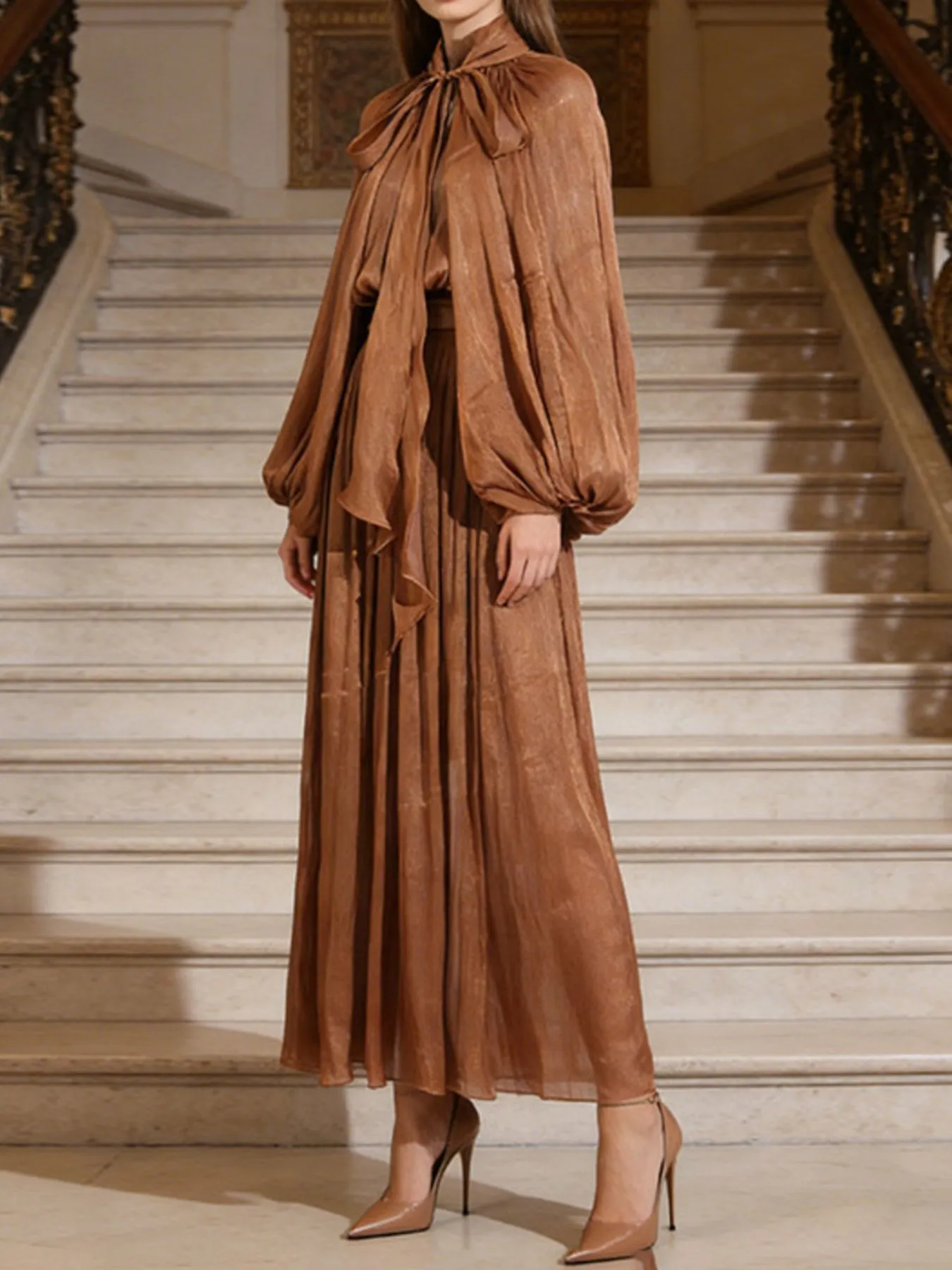 Tie Front Balloon Sleeve Midi Dress sold by Gigi Laurent product image thumbnail 5