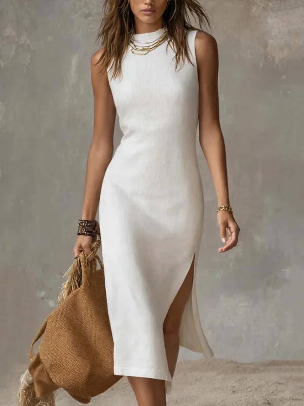 Full Size Sleeveless Mock Neck Slit Midi Dress Plus Size sold by Gigi Laurent