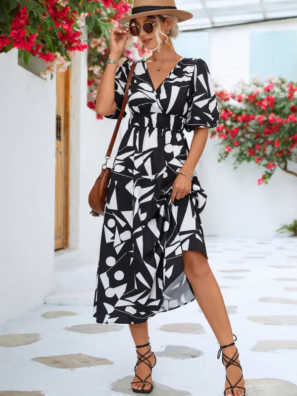 Printed Surplice Balloon Sleeve Dress made by Trendsi