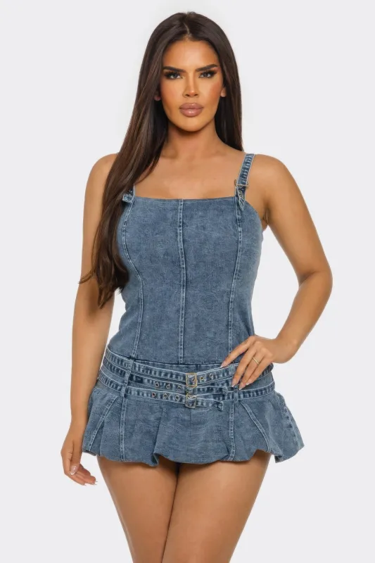 Belted Denim Mini Romper Dress made by Gigi Laurent