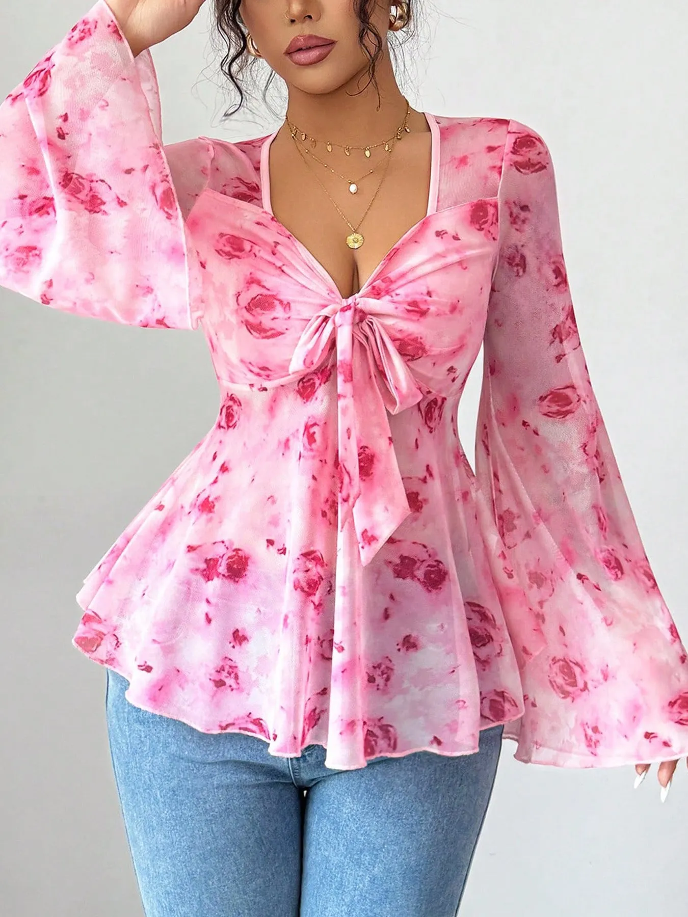 Floral Print Tie Front Flare Sleeve Chiffon Blouse sold by Gigi Laurent product image thumbnail 2