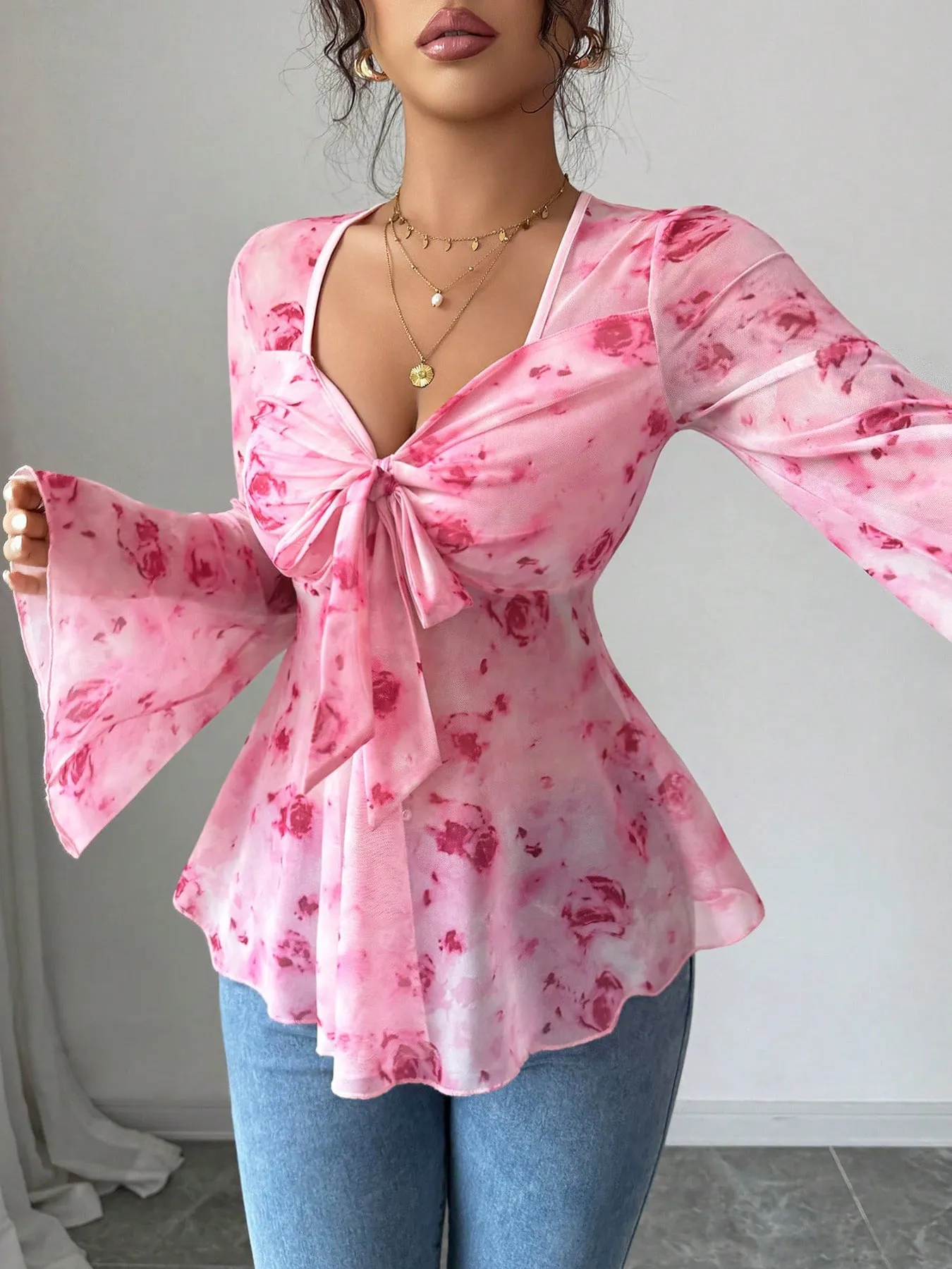Floral Print Tie Front Flare Sleeve Chiffon Blouse sold by Gigi Laurent product image thumbnail 3