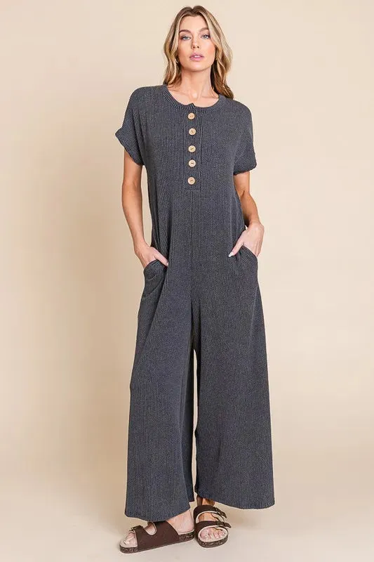 BOMBOM Rib Knit Jumpsuit with Button Detail made by Trendsi
