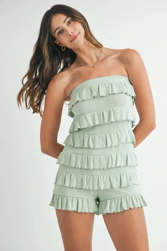 MABLE Pointelle Knit Fabric Ruffled Tube Romper made by Trendsi