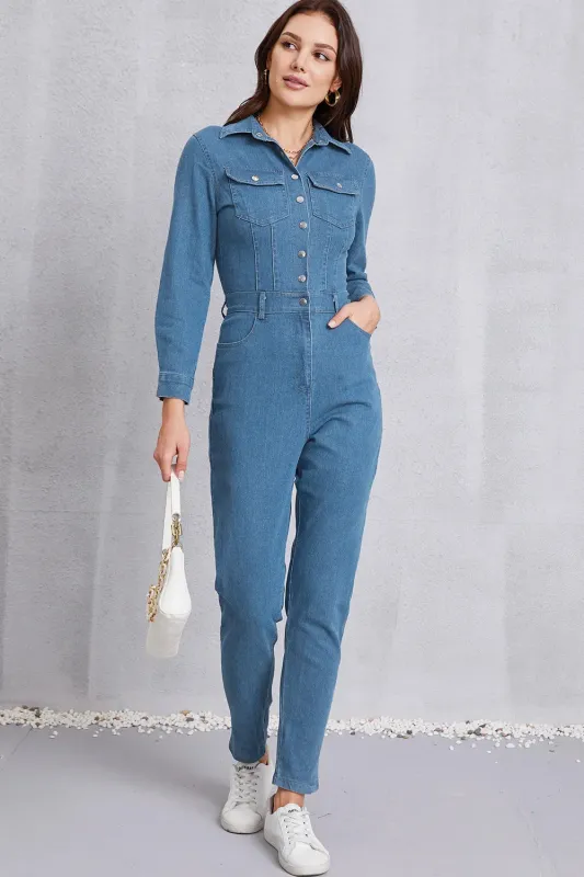 Snap Down Denim Jumpsuit with Pockets made by Trendsi