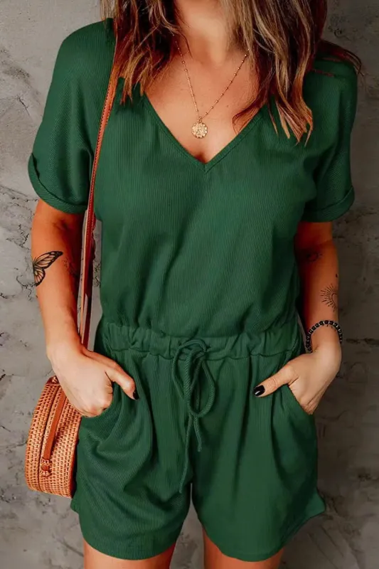 Full Size Drawstring V-Neck Short Sleeve Romper made by Trendsi