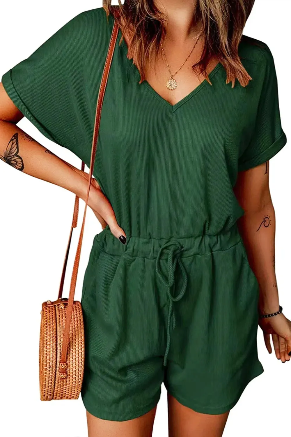 Full Size Drawstring V-Neck Short Sleeve Romper sold by Gigi Laurent product image thumbnail 2